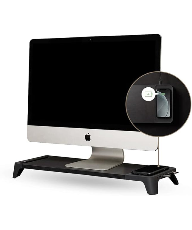 POUT E8 Wood Desk Monitor Computer Stand Riser Shelf + USB HUB + Qi Fast Wireless Charging Charger Pad Mat for Laptop, Apple, iMac, PC, iPhone, Samsung Galaxy, Airpod 2, Buds (Black)