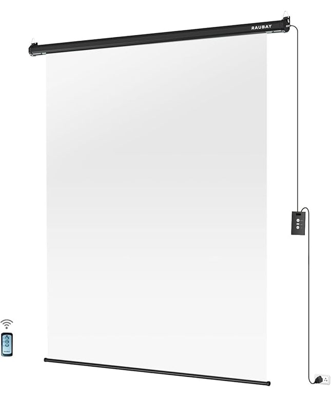RAUBAY Motorized Pull Down White Screen Backdrop - 59.8" x 86.6" Collapsible Wall-Mount Background for Professional Video Production, Photography Studio, Video Conferencing and YouTube, TikTok Creator