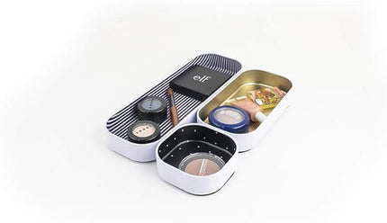 Three by Three Seattle 3 Piece Shallow Metal Organizer Tray Set for Storing Makeup, Stationery, Utensils, and More in Office Desk, Kitchen and Bathroom Drawers (1 Inch, Gold Dots and Stripes)
