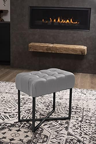 BIRDROCK HOME Rectangular Tufted Foot Stool Ottoman with Soft Padded Cushion - Versatile Vanity Chair for Bedroom, Living Room, Bathroom - Compact Seating for Adults - Grey with Black Metal Legs