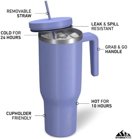 Hydrapeak Voyager 40 oz Tumbler with Handle and Straw Lid | Reusable Stainless Steel Water Bottle Travel Mug Cupholder Friendly | Insulated Cup (Iris)