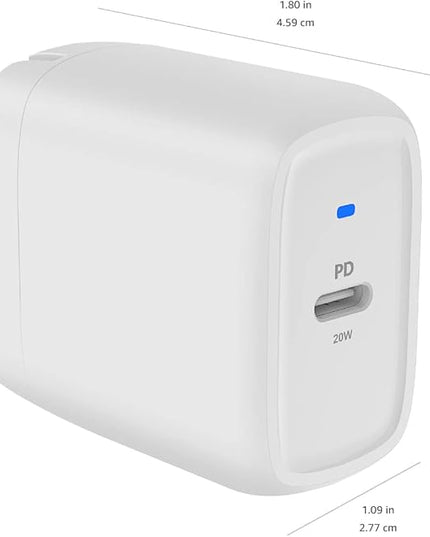 Amazon Basics 20W Foldable USB-C Wall Charger with Power Delivery for Tablets & Phones (iPhone 16/15/14/13/12/11/X, iPad, Samsung), Portable, non-PPS, White