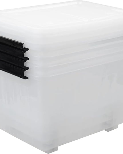 4-Pack Clear Large Plastic Storage Box with Wheels, 70 L Latching Storage Box