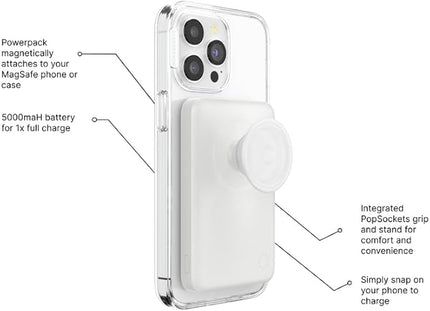 PopSockets PowerPack for MagSafe Magnetic Power Bank, Portable Phone Charger, Magnetic Wireless Battery Pack, 5000mAh for iPhone 16/15/14/13/12 Pro/Pro Max/Plus - White