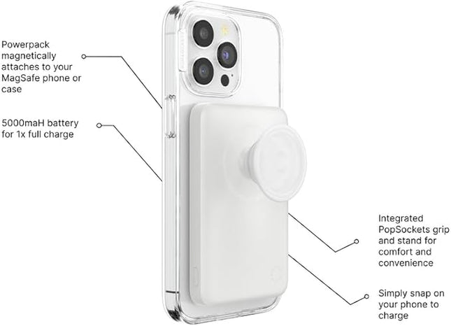 PopSockets PowerPack for MagSafe Magnetic Power Bank, Portable Phone Charger, Magnetic Wireless Battery Pack, 5000mAh for iPhone 16/15/14/13/12 Pro/Pro Max/Plus - White