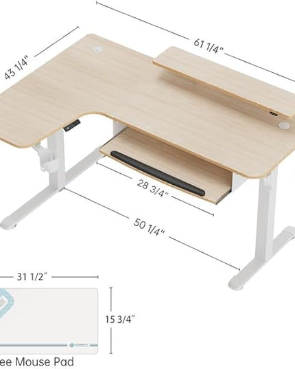 EUREKA ERGONOMIC Standing Desk Adjustable Height 61" Electric Sit Stand Computer Desk L Shaped with Keyboard Tray,Monitor Stand &LED, Dual Motor Memory Presets Sit to Desk Adjustable Desk, Left/Maple