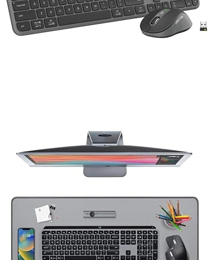 Logitech MK955 Signature Slim Wireless Keyboard and Mouse Combo, Quiet Typing, Switch Across Three Devices, Bluetooth, Multi-OS, Windows and Mac - Graphite + Desk Mat - Studio Series, Mid-Grey
