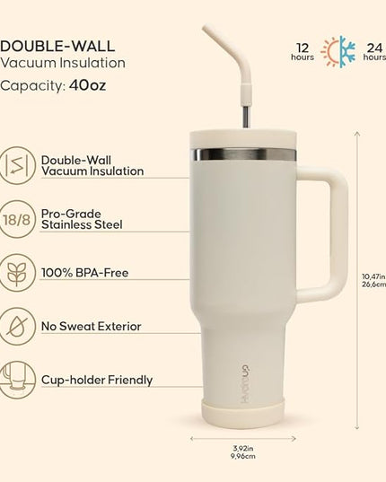 40oz Travel Tumbler Cup with Handle, Two-Way Slider Lid, Stainless Steel Straw with Silicone Tip, Vacuum Insulated Water Bottle for Hot & Cold Drinks, Great Gifts for Mom