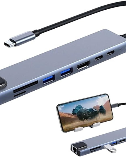USB C Hub – Type C 8 in 1 Docking Station Adapter | 4K 100Mbps Ethernet USB Card Reader Function Hub | Laptop Tablet Expansion Solution for Office Work Travel and Daily Use