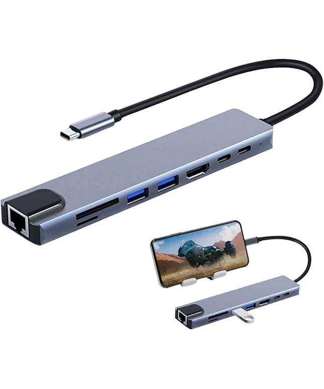 USB C Hub – Type C 8 in 1 Docking Station Adapter | 4K 100Mbps Ethernet USB Card Reader Function Hub | Laptop Tablet Expansion Solution for Office Work Travel and Daily Use