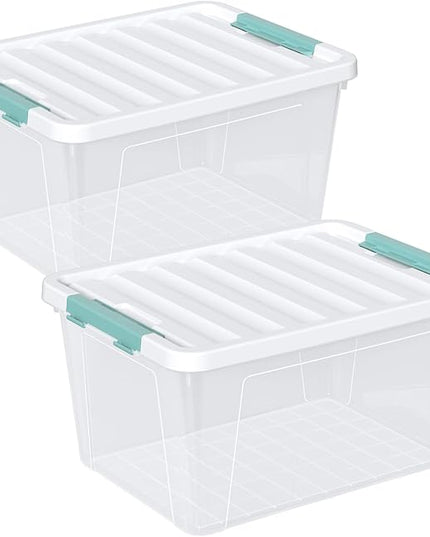 6-Pack 35 quart Large Plastic Storage Bin, Latching Box with Clear Base, White Lid and Green Latches