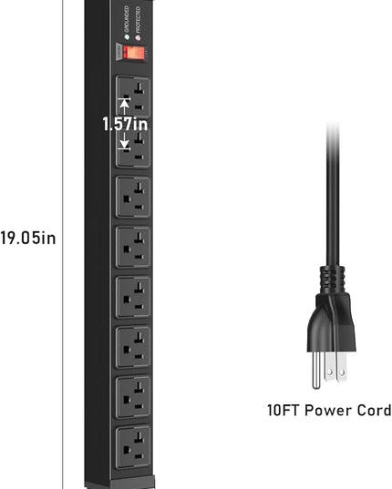 JUNNUJ 20 Amp Power Strip Surge Protector 4800J, Heavy Duty 8 Outlet Metal Multi Angle Mount, 20A Garage Power Strip Shop 6-20R T-Slot, 5-15P Plug 12 Gauge Extension Cord 10ft for Appliance