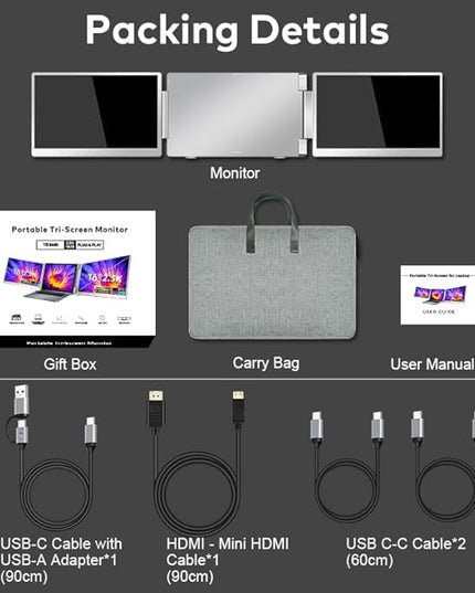 Smartlinx 16" Laptop Screen Extender Triple Display - 2560x1600P QHD Portable Monitor, USB C Detachable Plug & Play Extender for 12" -17" Laptops - Compatible with Windows/Android/PS4/MacBook