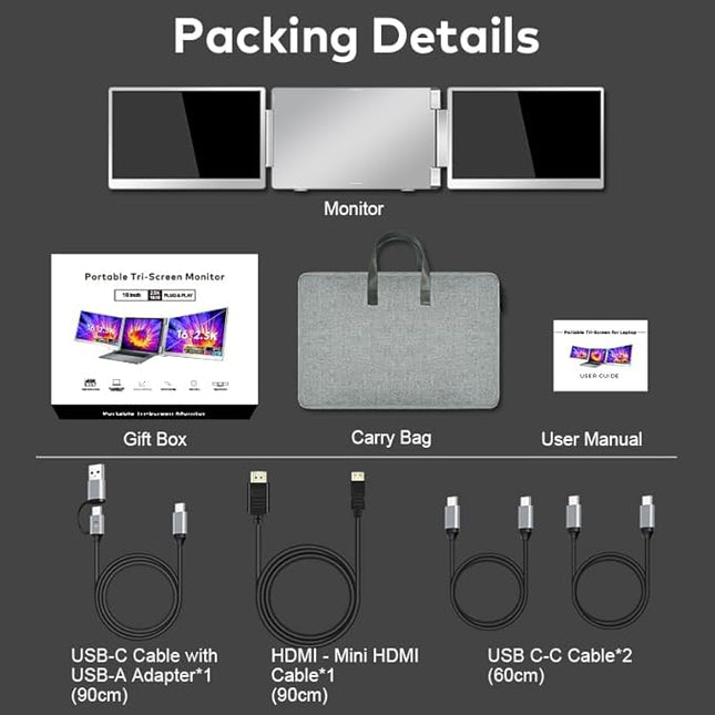 Smartlinx 16" Laptop Screen Extender Triple Display - 2560x1600P QHD Portable Monitor, USB C Detachable Plug & Play Extender for 12" -17" Laptops - Compatible with Windows/Android/PS4/MacBook
