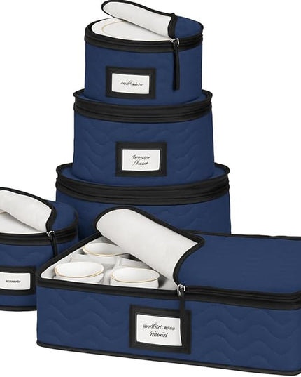 China Storage Containers 5-Piece Set Moving Boxes for Dinnerware, Glasses, Plates, Mugs and Saucers Sturdy Quilted Microfiber Dish Organizer with Dividers for Seasonal Storage - Holds Set of 12, blue