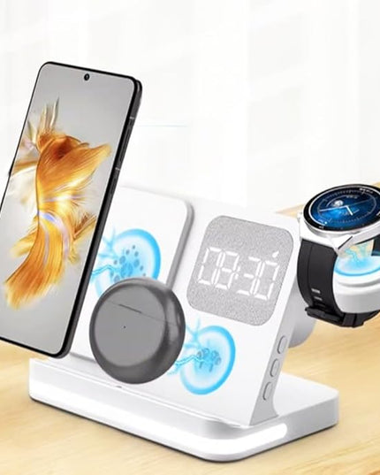AYI 4in1 Multi Functional Wireless Charging Station with Digital Alarm Clock 15W Fast Charger Night Light Wireless Charger for All Qi Phone and Earbud Headphone Compliant with i-Watch-B22 White
