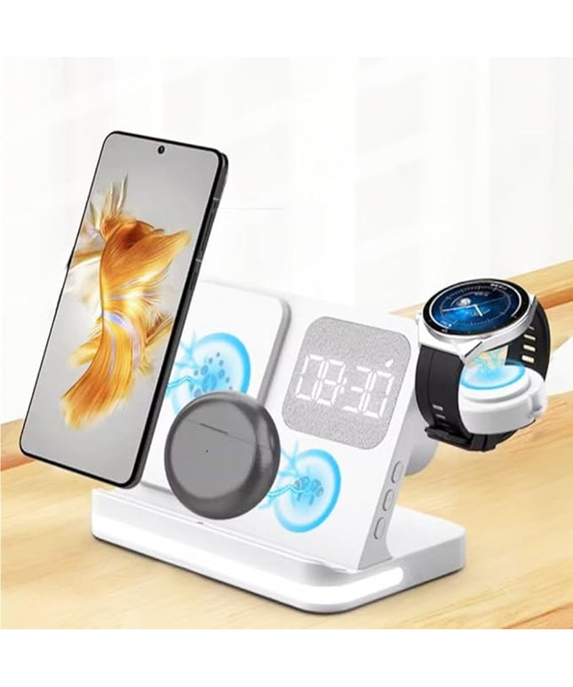 AYI 4in1 Multi Functional Wireless Charging Station with Digital Alarm Clock 15W Fast Charger Night Light Wireless Charger for All Qi Phone and Earbud Headphone Compliant with i-Watch-B22 White