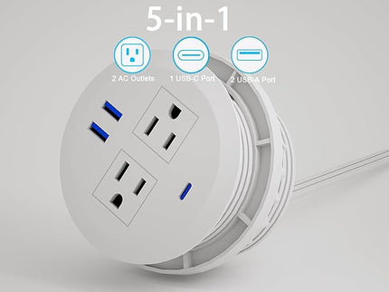 3 Inch Power Grommet,10ft Cord,20W USB C Fast Charging Station,3 USB Ports,Flush Mount.Round Recessed Power Center Desk Hole Grommet Outlet for Workspace,Couch,White
