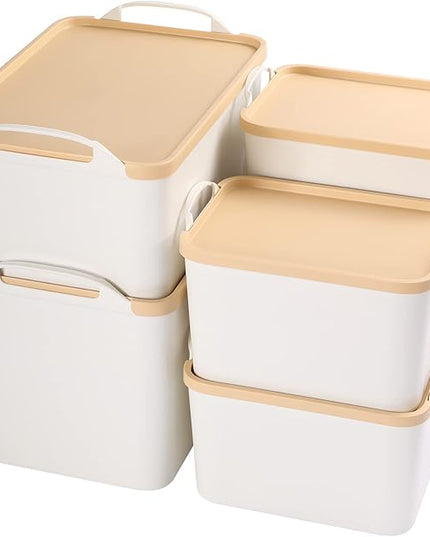 ANMINY 8PCS All-in-One Lidded Plastic Storage Bins Set White Desk Basket Box Drawer Organizer Kitchen Food Container with Handles Removable Lids Decorative Clothes Laundry Closet Cabinet Shelf Cube