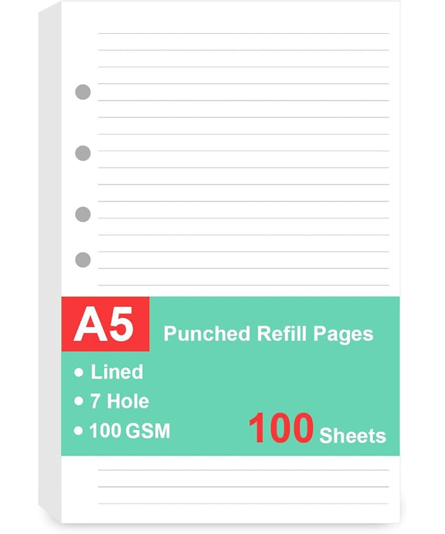 7-Hole Lined Refills Paper, A5 Filler Paper for Planner Inserts, A5 Loose Leaf Paper, 7 Hole Refills, 100 Sheets/200 Pages, College Ruled, 5.5 X 8.5 Inch (White Paper, 100 Sheets)