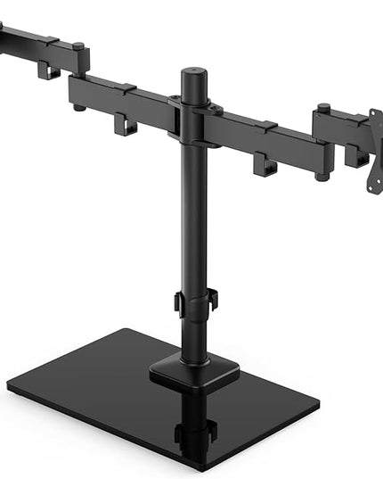 HUANUO Freestanding Dual Monitor Stand, 32 Inch Dual Monitor Mount for 2 Screens, Holds up to 19.8 lbs per Arm, Gaming Monitor Arm Riser with Tempered-Glass Base, Tilt, Swivel, Rotation, Black