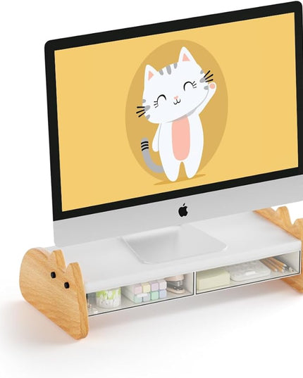 Monitor Stand Riser,Wooden & MDF Computer Desktop Stand with Acrylic Drawer,Laptop Stand Riser Holder ,Table Holder Desk Organizer Storage Stand for Laptop,Printer,TV,15.7 inch,Cute Cat