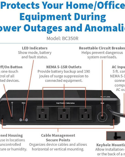 Tripp Lite 350VA UPS Desktop Battery Backup and Surge Protector, 210W, 3 Outlets, Home & Office UPS, Small Form Factor, Wall Mounting Option, 5ft Cord, 3-Year Warranty (BC350R)