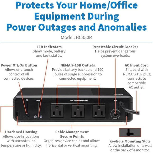Tripp Lite 350VA UPS Desktop Battery Backup and Surge Protector, 210W, 3 Outlets, Home & Office UPS, Small Form Factor, Wall Mounting Option, 5ft Cord, 3-Year Warranty (BC350R)