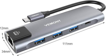 VEMONT 5 in1 USB C hub, Type-c multiport Adapter with Gigabit Ethernet, 3 USB 3.0 hub for Data, 100W Power Delivery, USB hub for Laptop MacBook or ipad, and Other USB C Devices