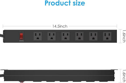 Metal Wall Mount Power Strip, Mountable Power Outlet with 6 AC Outlets, Aluminum Alloy Mount Power Socket with Switch, 10 FT SJT 3/C 14AWG Power Cord, 15A 125V 1875W (6AC) Black