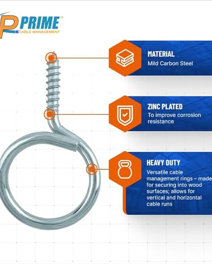 Heavy Duty Bridle Rings 100 Pack – 1-1/4 Inch Wood Screw Cable Support Hangers | Zinc-Plated Steel Threaded Cable Rings for Low Voltage Cable Management (Electrical & Network Wire Organizer)