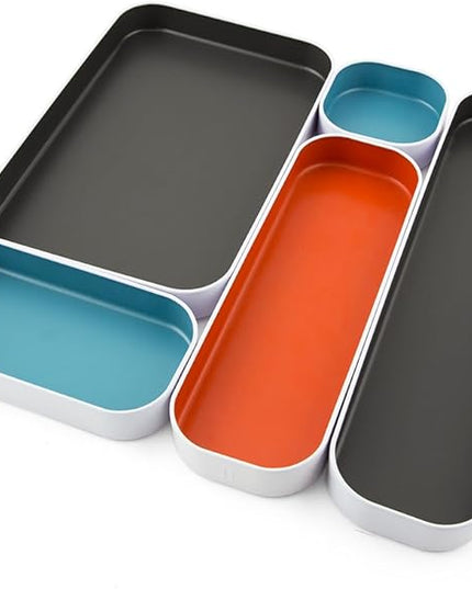 Three by Three Seattle 5 Piece Metal Organizer Tray Set for Storing Makeup, Stationery, Utensils, and More in Office Desk, Kitchen and Bathroom Drawers (1 Inch, Gray, Sky Blue, Orange)