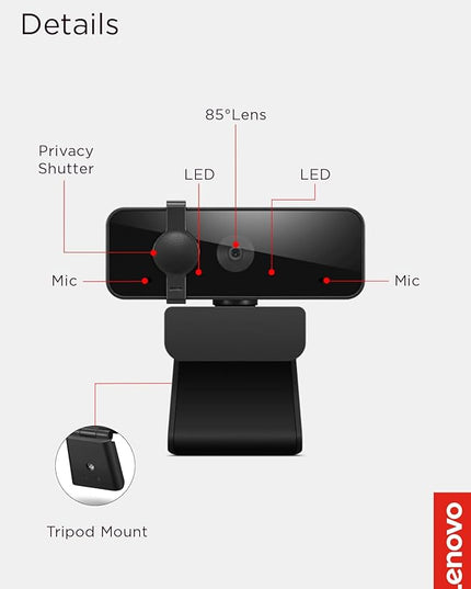 Lenovo 310 FHD Webcam, 1080p, FHD Resolution @30 FPS, Plug-and Play USB Connectivity, 1.8M Cable, 2 Integrated Microphones, External Privacy Shutter, Black