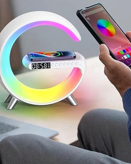 Smart Table Lamp with 4-in-1 Wireless Charger, Night Light, Bluetooth Speaker, Alarm Clock, App Control, Office, Bedroom, Home Decor (White)