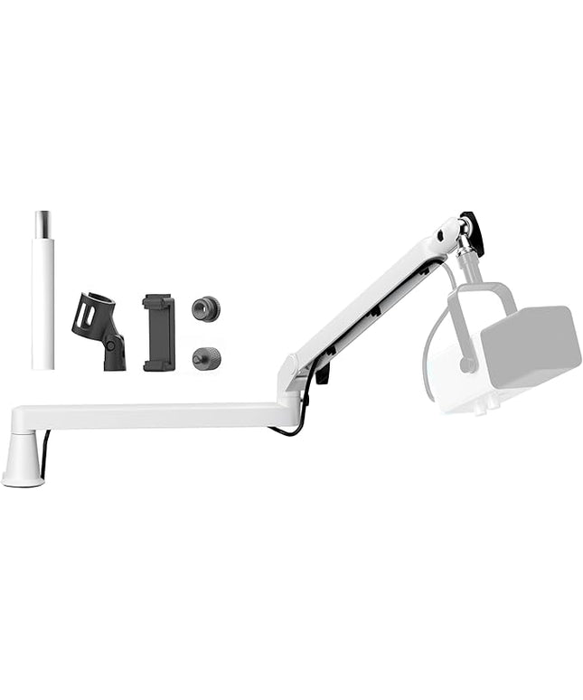Low Profile Mic Arm Microphone Boom Arm Professional Adjustable with 15cm Riser Solid Desk Mount Clamp Cable Management Microphone Holder Stand for Podcast Streaming Gaming Mic Stand White