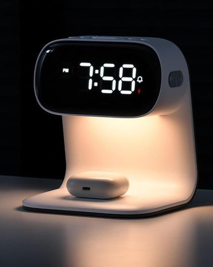 3in1 Multi-Functional Wireless Charging Alarm Clock Smart Night Light Qi Charger LED Digital Clock Adjustable Light 15W Fast Wireless Charging for All Qi Phone and TWS Headphone White