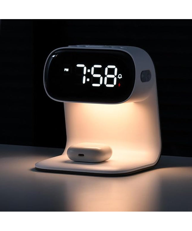 3in1 Multi-Functional Wireless Charging Alarm Clock Smart Night Light Qi Charger LED Digital Clock Adjustable Light 15W Fast Wireless Charging for All Qi Phone and TWS Headphone White