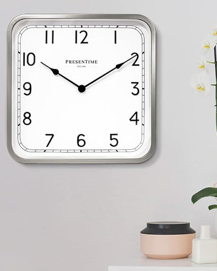Presentime & Co 16" Anton Vintage Square Clock, Silent No Ticking, Wall & Mantel 2 in 1 Clock, Desk and Shelf Clock, Tabletop Décor, Modern Silver Color