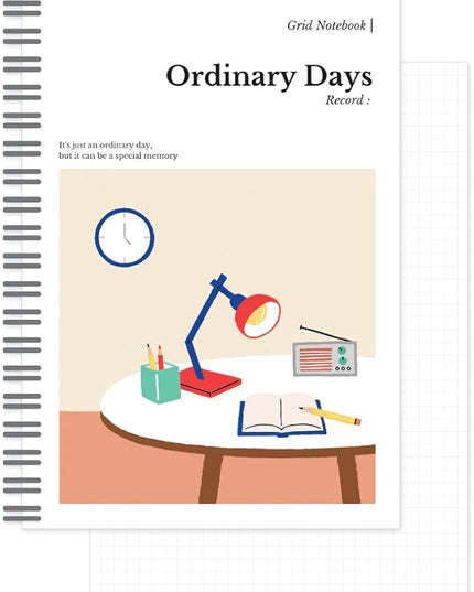 Monolike Ordinary days A5 Grid Spiral Notebook, Study room - Hardcover 5.83 x 8.27inch 128 Page,120GSM Thick paper