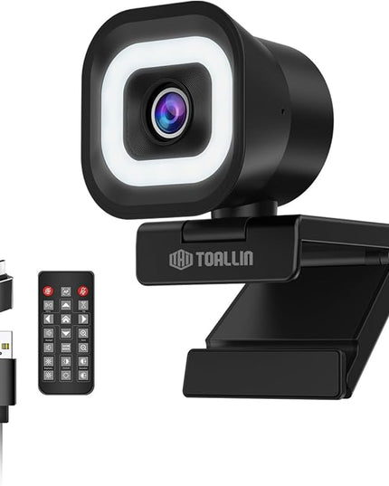 TOALLIN 4K Webcam with Ring Light, Remote Control, PDAF Auto-Focus, 1/2.5" Sensor & 12MP, Built-in Dual Mics, 5X Digital Zoom and Image Mirroring, Web Camera for Live-Streaming/Meeting/Video Calls