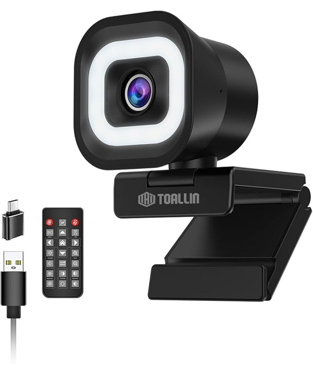 TOALLIN 4K Webcam with Ring Light, Remote Control, PDAF Auto-Focus, 1/2.5" Sensor & 12MP, Built-in Dual Mics, 5X Digital Zoom and Image Mirroring, Web Camera for Live-Streaming/Meeting/Video Calls
