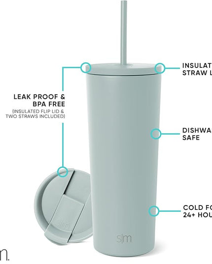 Simple Modern Insulated Tumbler with Lid and Straw | Iced Coffee Cup Reusable Stainless Steel Water Bottle Travel Mug | Gifts for Women Men Her Him | Classic Collection | 24oz | Sea Glass Sage