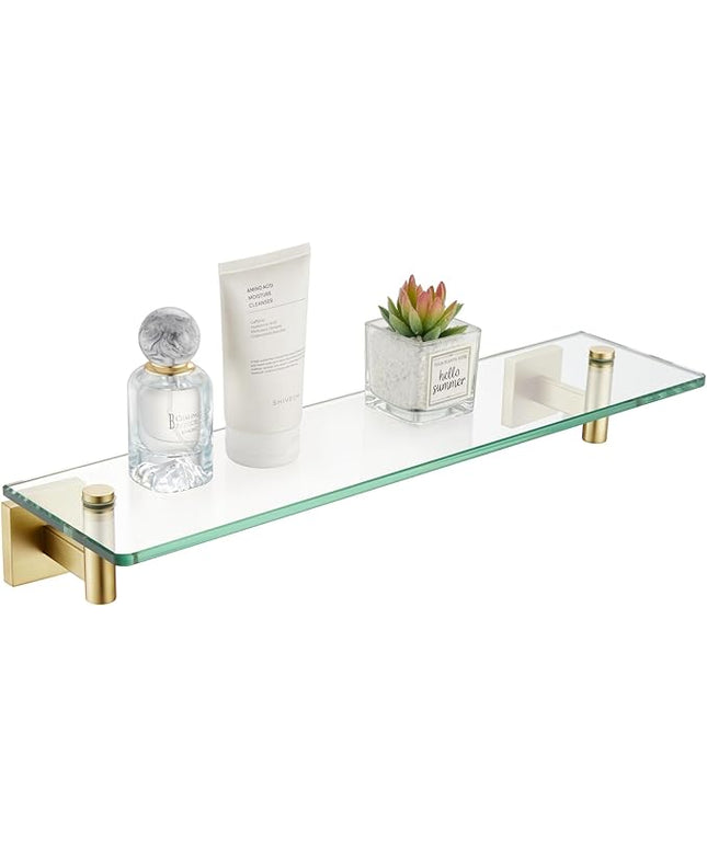 KOKOSIRI Wall Shelves Floating Shelf 20-Inch Stainless Steel Bathroom Hardware Tempered Glass Kitchen Hanging for Storage/Room Decor Gold B1105BG-L20