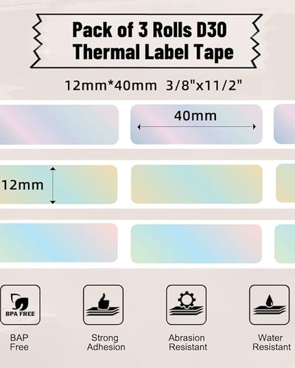 Phomemo D30 Label Tapes for School Classroom Item Name Tag Stickers, Black on Mermaid Color Sticker Thermal Paper Self-Adhesive Label Maker Tape, 12 x 40mm (3/8" x 11/2") 160 Tapes/Roll, 3-Roll