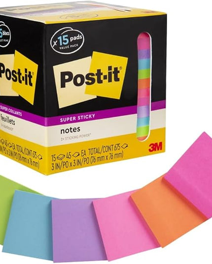 Post-it Super Sticky Notes, Assorted Bright Colors, 3x3 in, 15 Pads/Pack, 45 Sheets/Pad, 2X The Sticking Power, Recyclable, Multi-Color