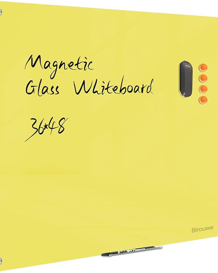 Magnetic Glass Dry Erase Board - White Board 48 x 36 Inch Wall Mounted Glass Whiteboard, Large Frameless Glass White Board for Wall Office, Home & School, Yellow