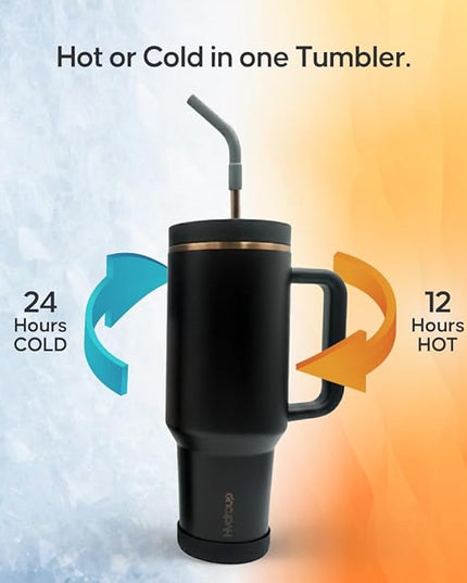 40oz Travel Tumbler Cup with Handle, Two-Way Slider Lid, Stainless Steel Straw with Silicone Tip, Vacuum Insulated Water Bottle for Hot & Cold Drinks, Great Gifts for Mom (Black Gold)