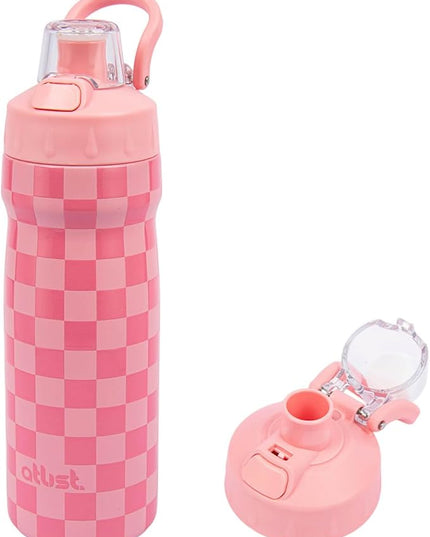 Magnetic Water Bottle with Straw 18 oz - Stainless Steel Insulated Tumbler for Gym & Bike (Fits Holders) - Leak Proof Pop-Up Lid, 2-in-1 Sip or Chug, Handle & Cute Pink Checkered Print