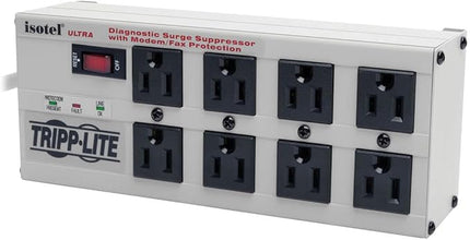 Tripp Lite Isobar 8 Outlet Surge Protector Power Strip, 12ft. Cord, Right Angle Plug, 3840 Joules, Diagnostic LEDs, Tel/Fax/Modem, Metal, (ISOTEL8 ULTRA) , Gray