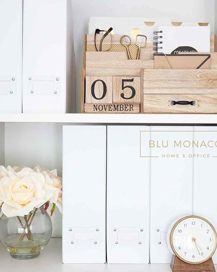 BLU MONACO Set of 6 Foldable White Magazine File Holders | Vertical Desk File Organizer Boxes With Leather Label Holders | Stylish Cardboard Magazine Storage for Shelves, Workspace and Home Office
